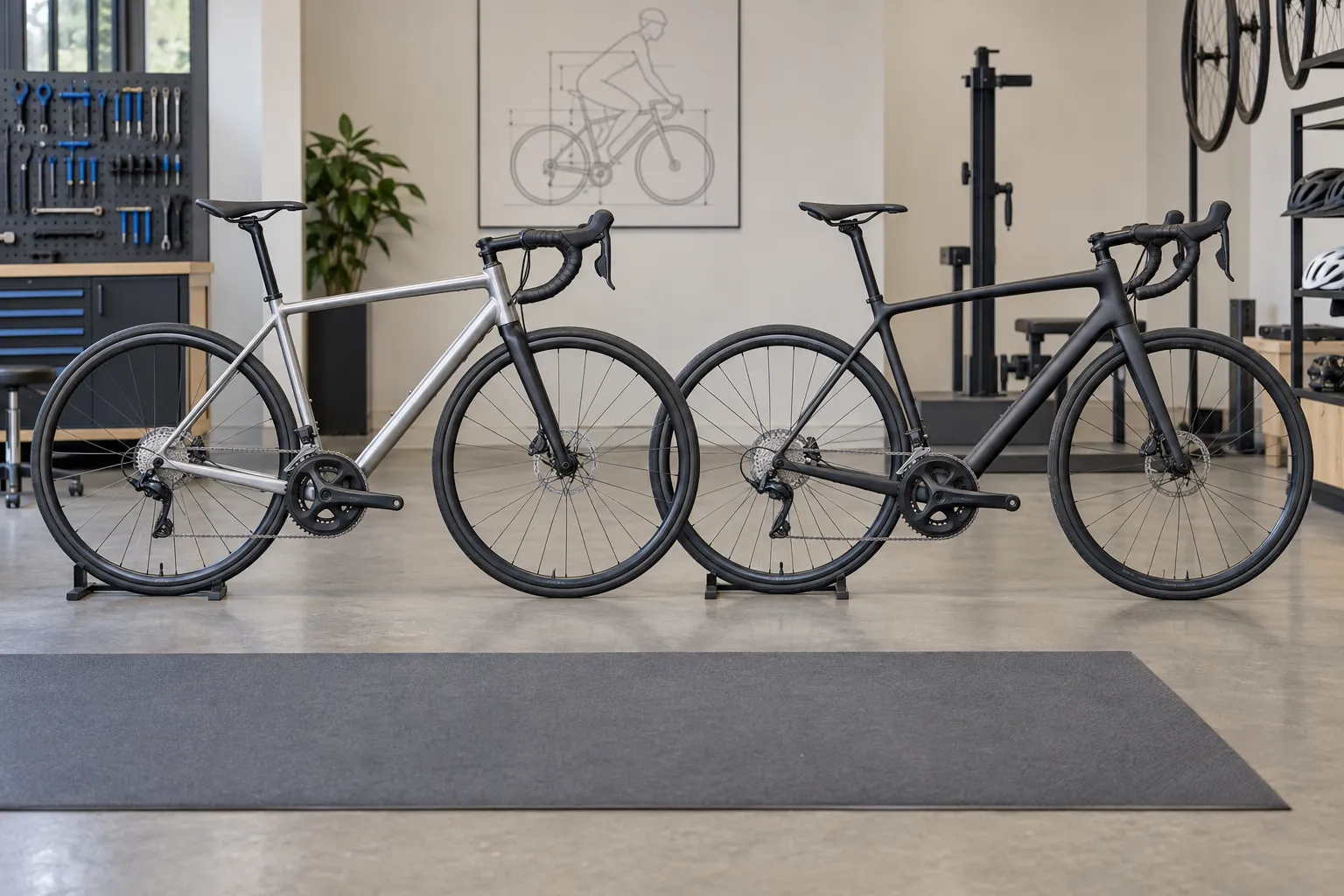 An aluminium endurance road bike and a carbon endurance road bike aligned side by side