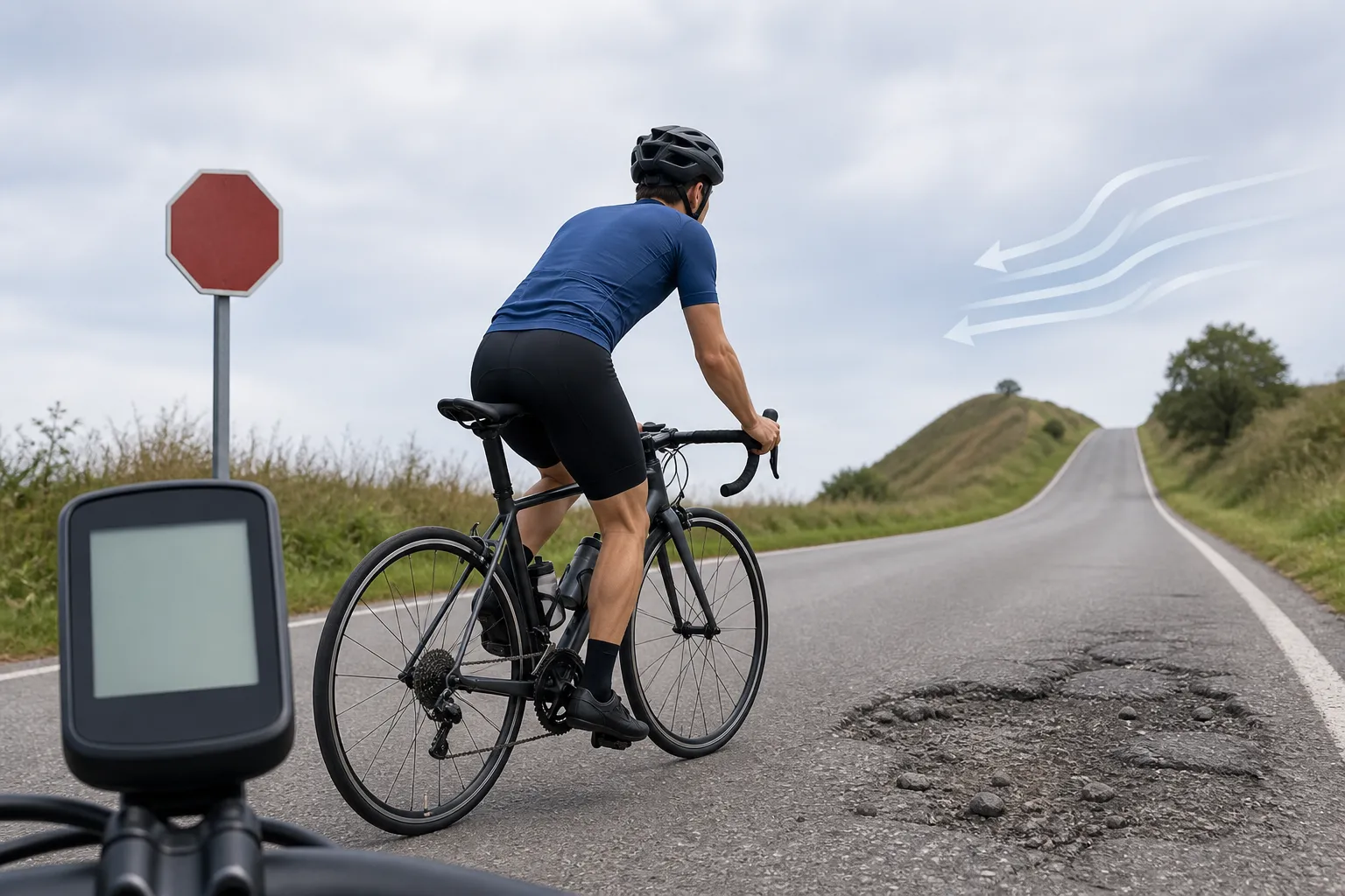 A beginner road cyclist rides toward a hill, headwind, blank bike computer, stop sign shape, and rough road patch, showing why average speed depends on more than fitness