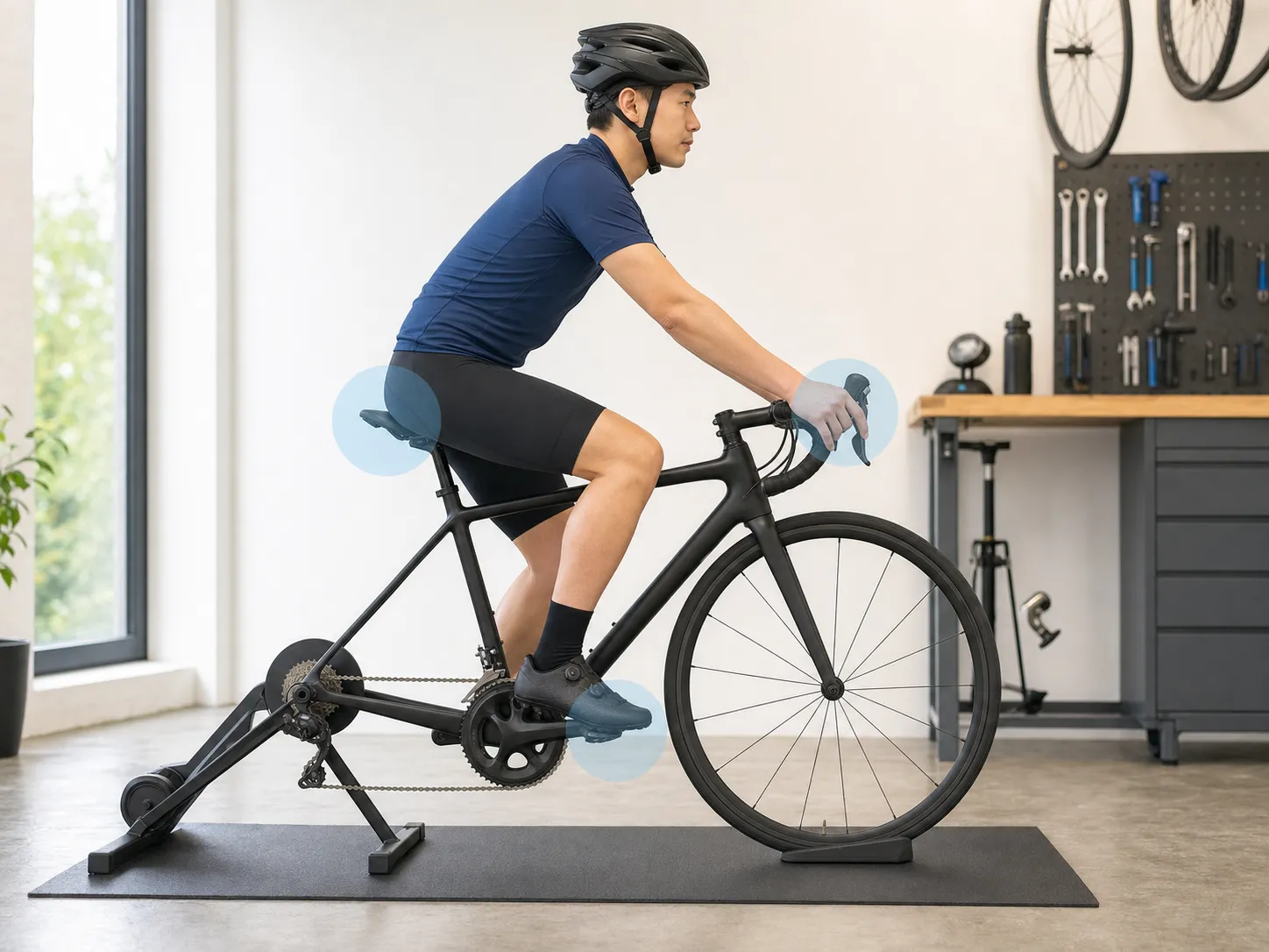 A beginner cyclist on a stationary trainer checks the three contact points: hands on brake hoods, pelvis on the saddle, and feet on the pedals