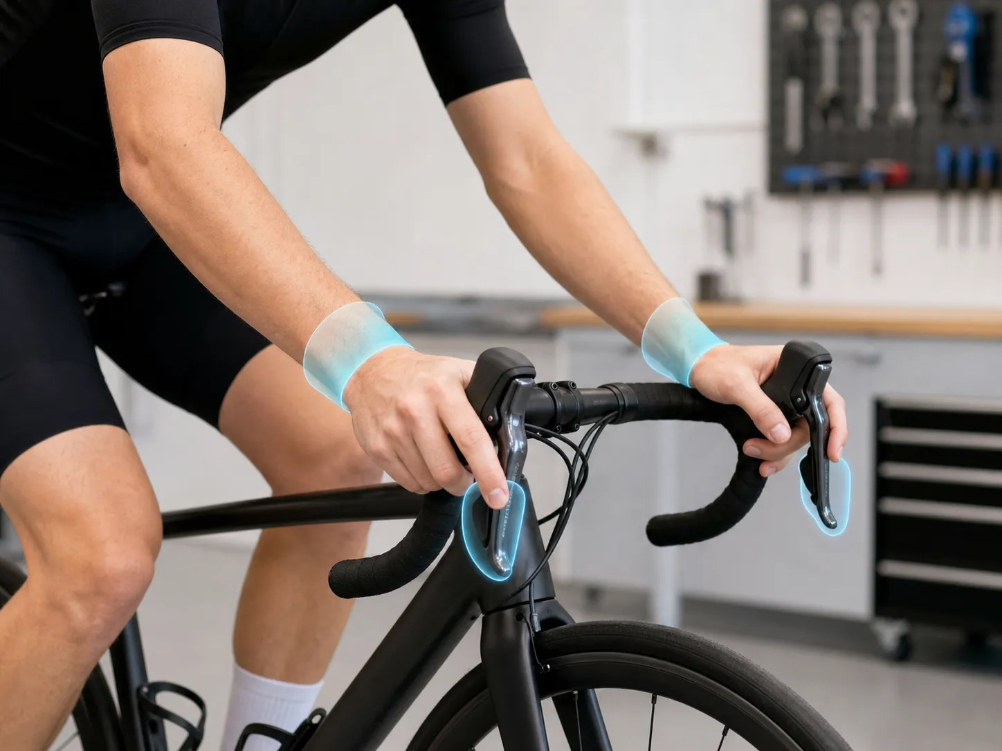 Close view of road-bike brake hoods showing relaxed hands, neutral wrists, and fingers reaching the brake levers without stretching