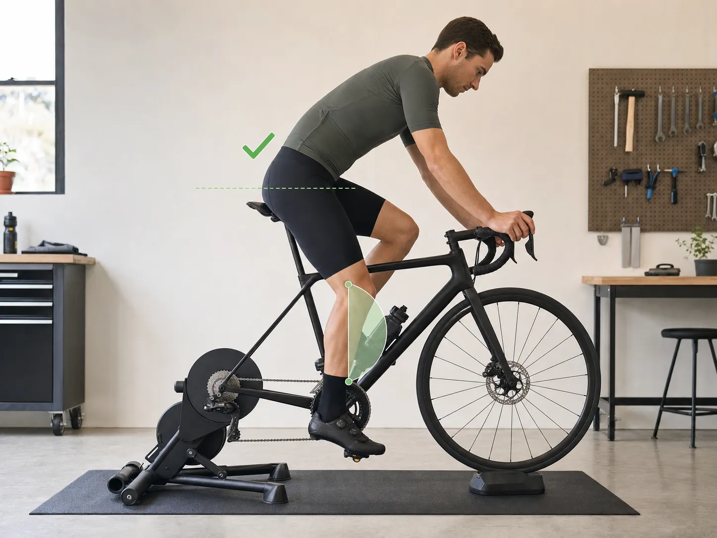 Side view of a road cyclist checking saddle height on a trainer with a slight knee bend and level hips at the bottom of the pedal stroke