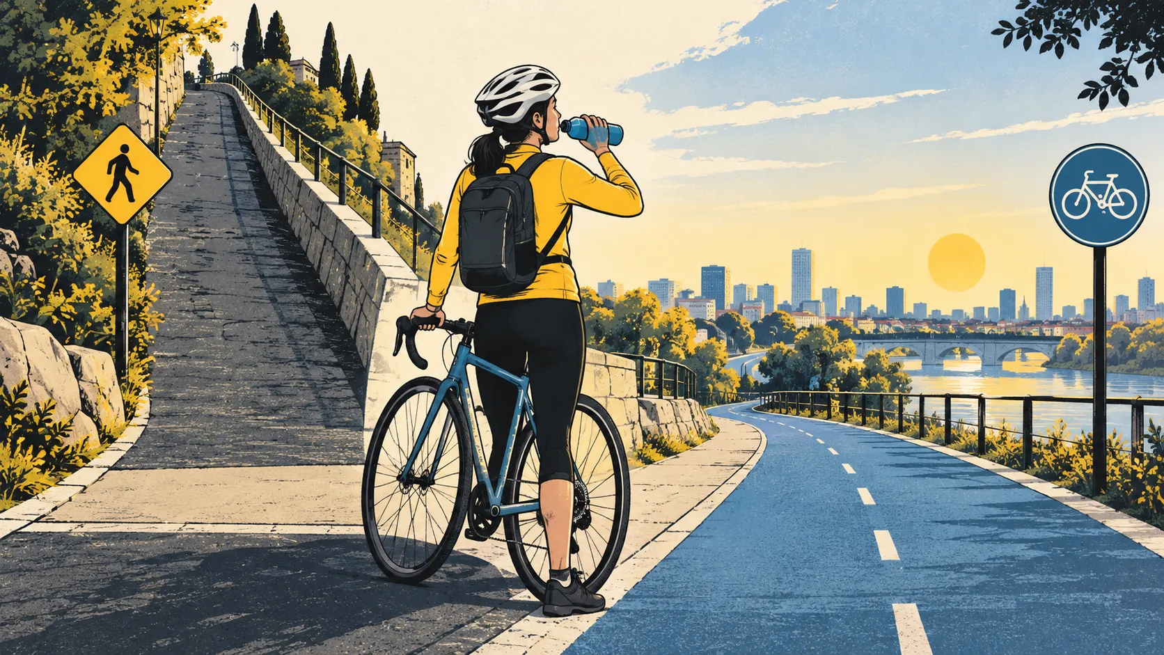 A beginner cycle commuter pauses with water while choosing between walking a steep hill and taking a gentler cycle route