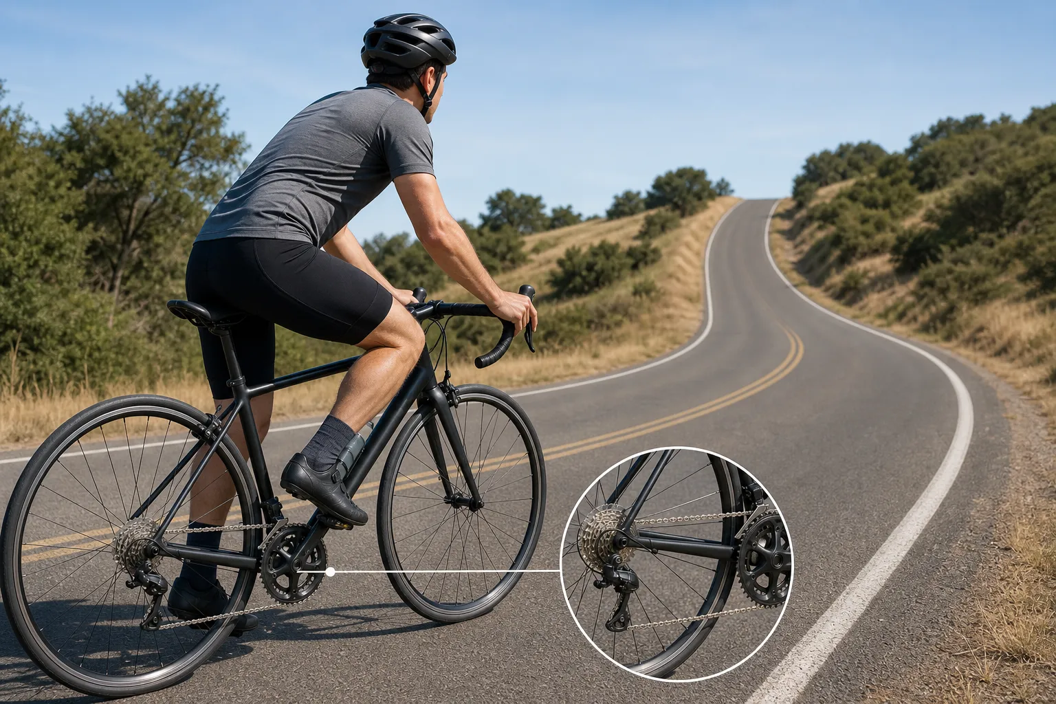 A helmeted beginner road cyclist approaches a quiet paved hill on an unbranded road bike with a small inset showing the chain on easier climbing gears