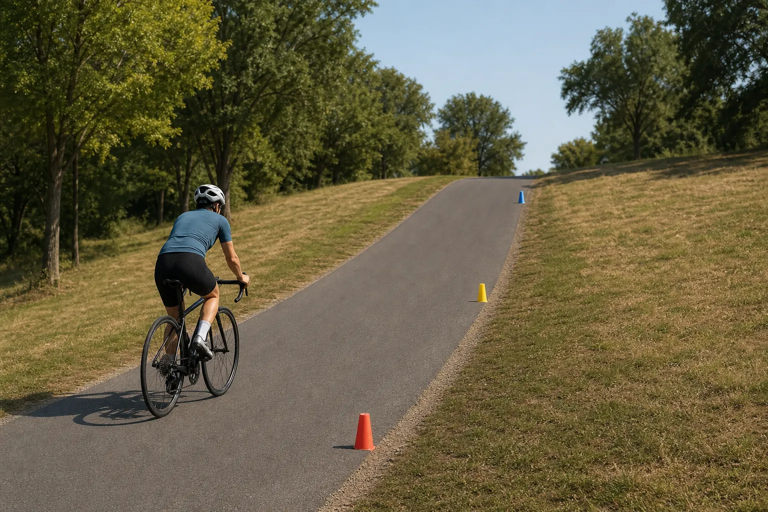 A helmeted beginner road cyclist rides up a quiet park-road hill with three plain cones marking a short repeat climb, halfway point, and rest point