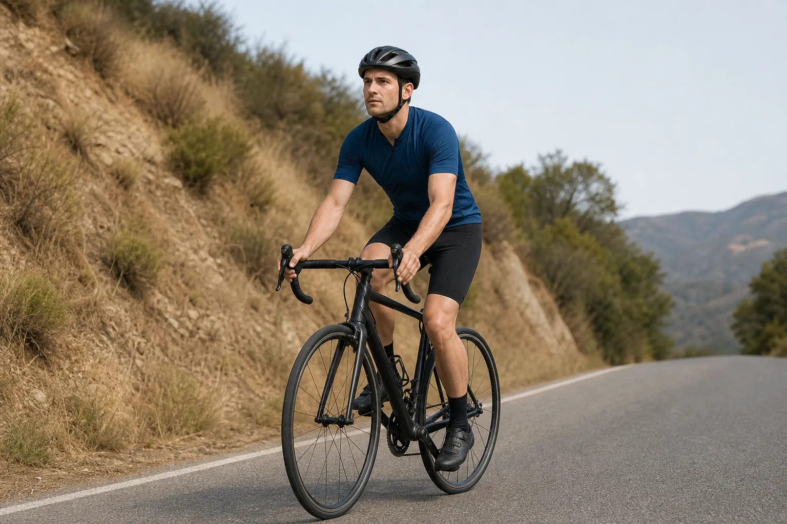 A beginner road cyclist riding with relaxed shoulders, bent elbows, and a seated aerodynamic posture on the brake hoods