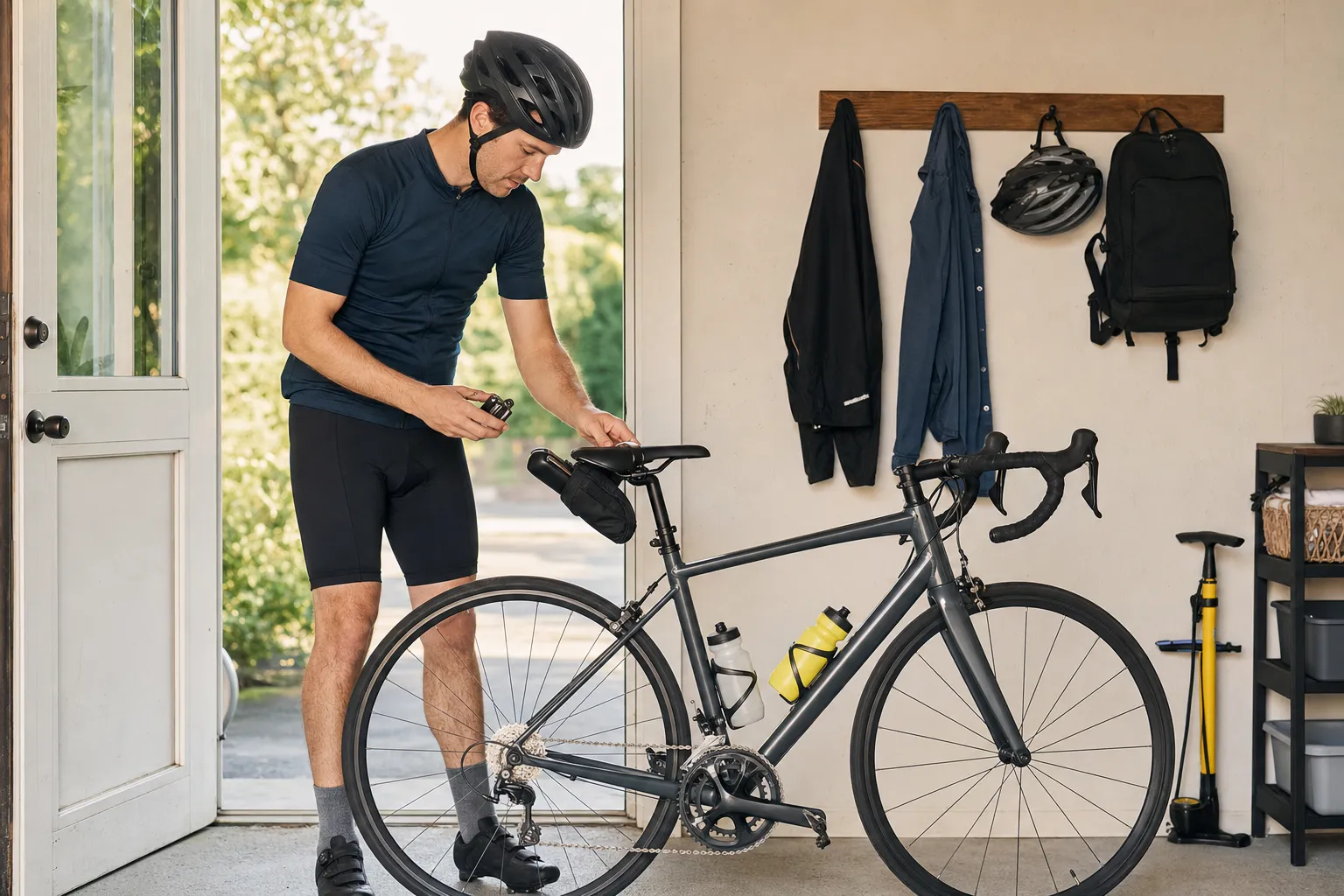 A beginner cyclist packing a small saddle bag beside a road bike before a ride