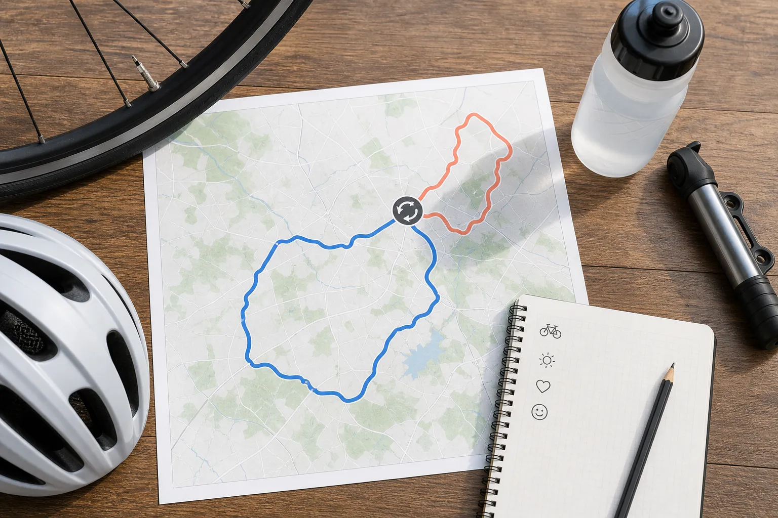 Overhead route-planning scene with a paper map showing a short blue cycling loop and one small coral extension beside a helmet, road bike wheel, water bottle, pump, and notebook