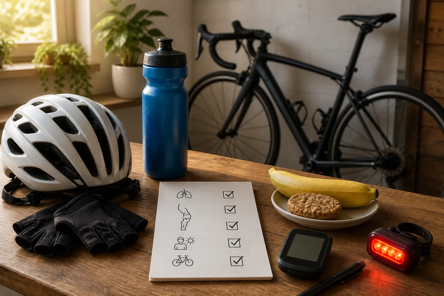 Post-ride beginner cycling recovery setup with helmet, gloves, water bottle, snack, blank bike computer, red rear light, unbranded road bike, and an icon-only recovery checklist