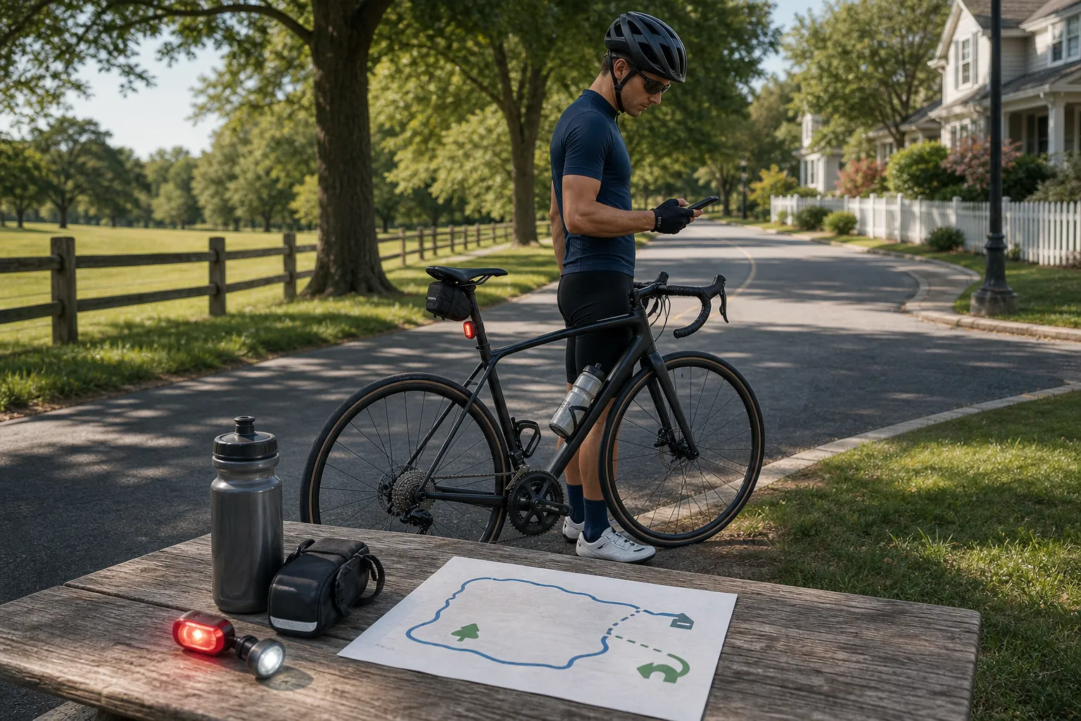 A helmeted beginner road cyclist checks a short route beside an unbranded road bike, lights, water bottle, saddle bag, and simple loop map before riding