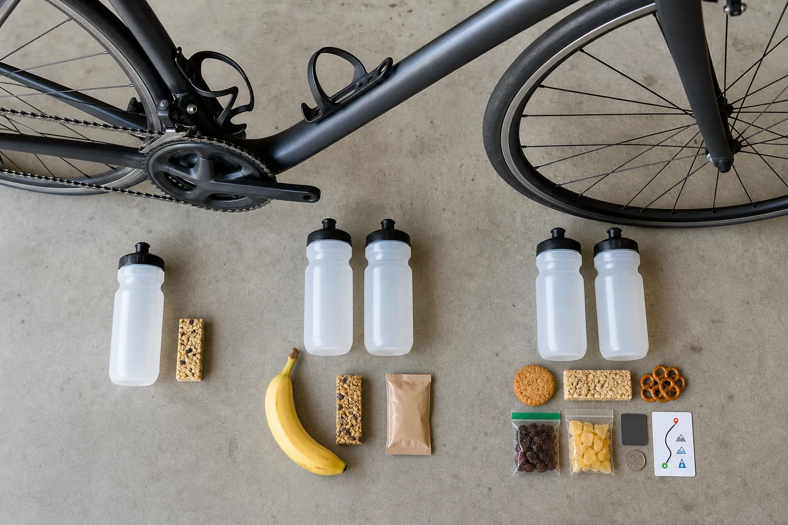 A top-down beginner road cycling food and drink setup showing one bottle and snack for a short ride, two bottles and more snacks for a medium ride, and extra food, payment, and route card for a longer ride