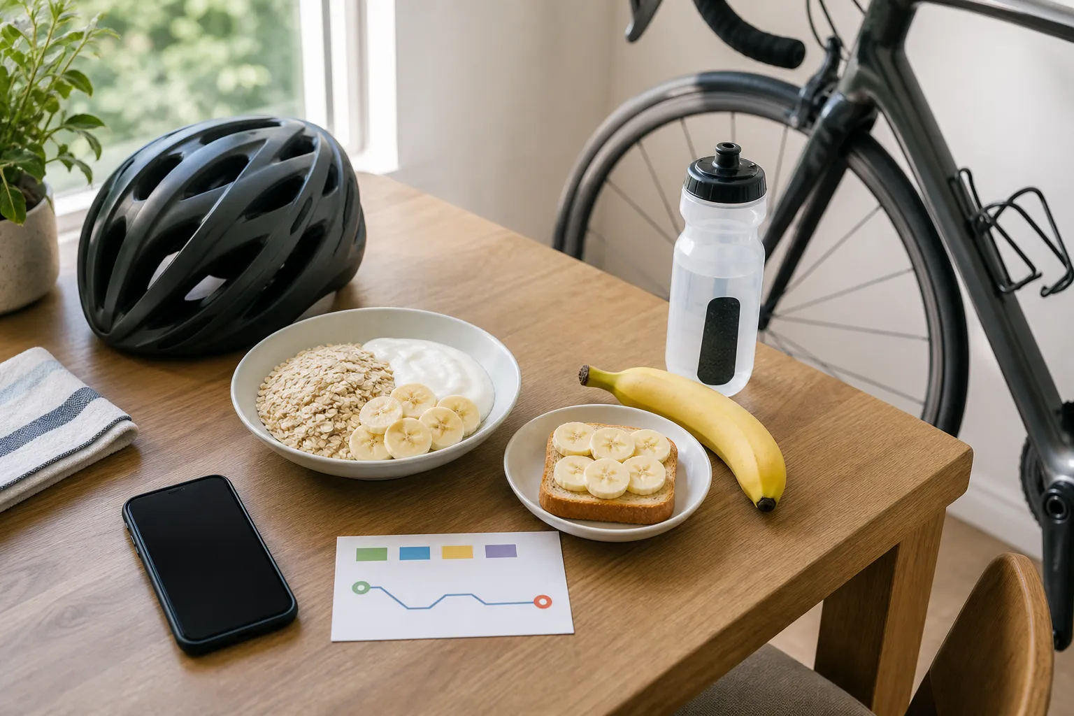 A beginner road cycling pre-ride setup with a water bottle in its cage, helmet, snack, and road bike