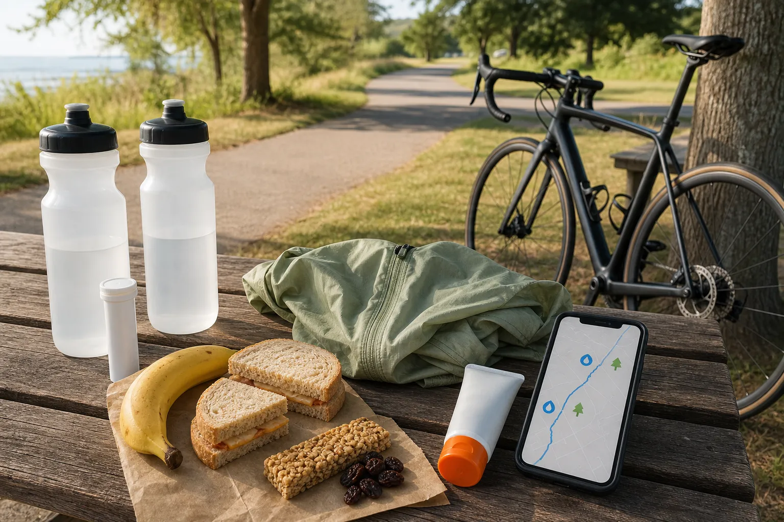 A longer beginner road cycling setup on a park bench with two water bottles, simple snacks, sandwich, lightweight jacket, sunscreen, phone route map icons, and an unbranded road bike beside a quiet path