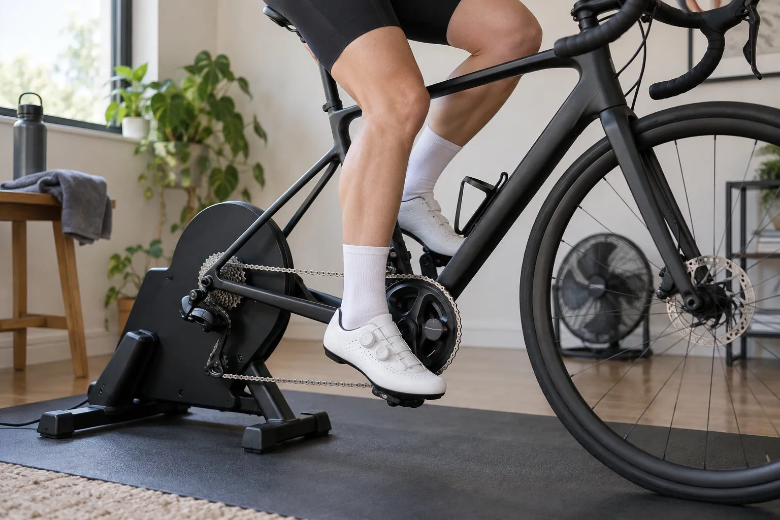 A road cyclist pedalling smoothly on an indoor trainer with the crank, chain and leg movement clearly visible