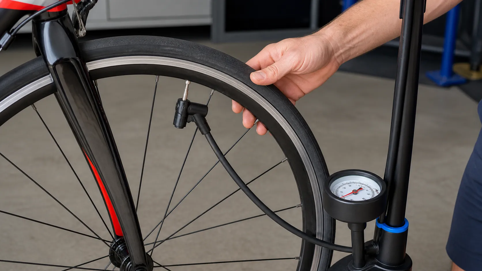 A road bike front tyre with a Presta valve attached to a floor pump gauge before a ride