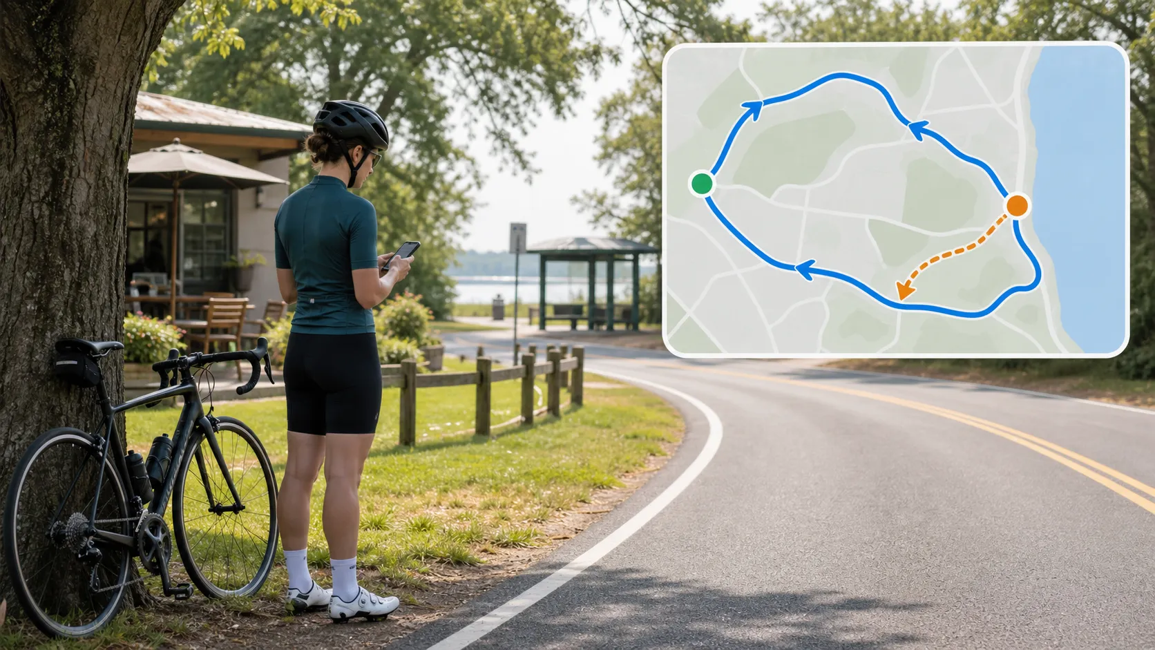 A beginner road cyclist stands off the road checking a phone map with a short loop, safe turnaround point, and shortcut route shown visually
