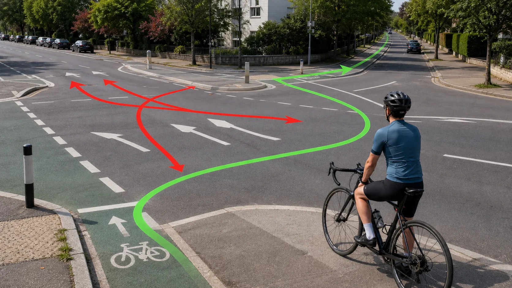 A beginner road cyclist waits safely near a complex junction while colored route lines show stressful turn options and a simpler calmer alternative