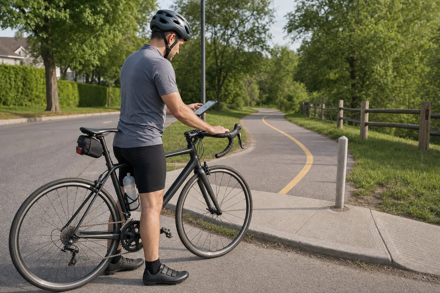 A helmeted beginner road cyclist stands beside a road bike at a quiet path junction while checking a simple route on a phone