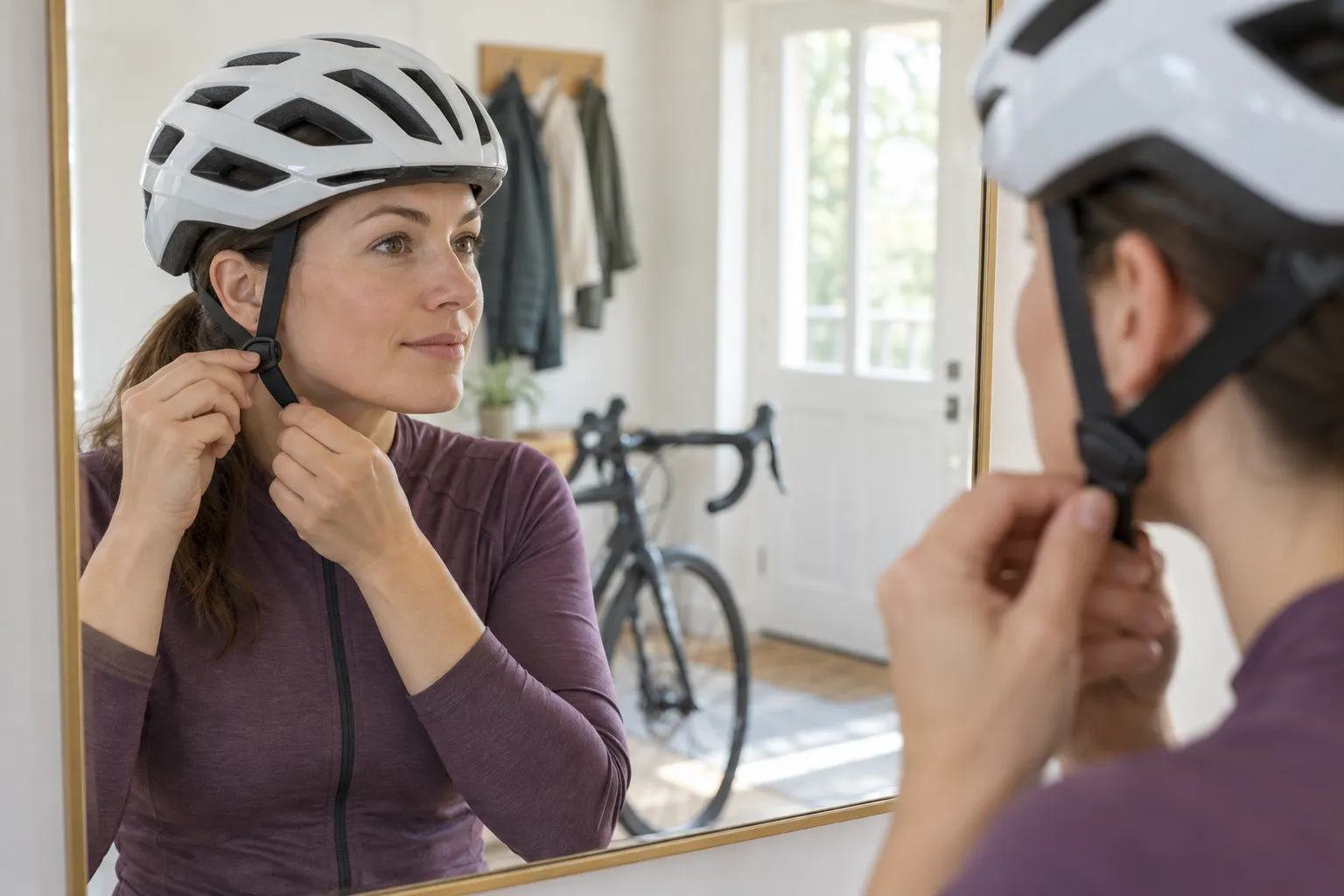 A road cyclist uses a mirror to adjust a bicycle helmet side-strap junction just below the ear while the helmet sits level