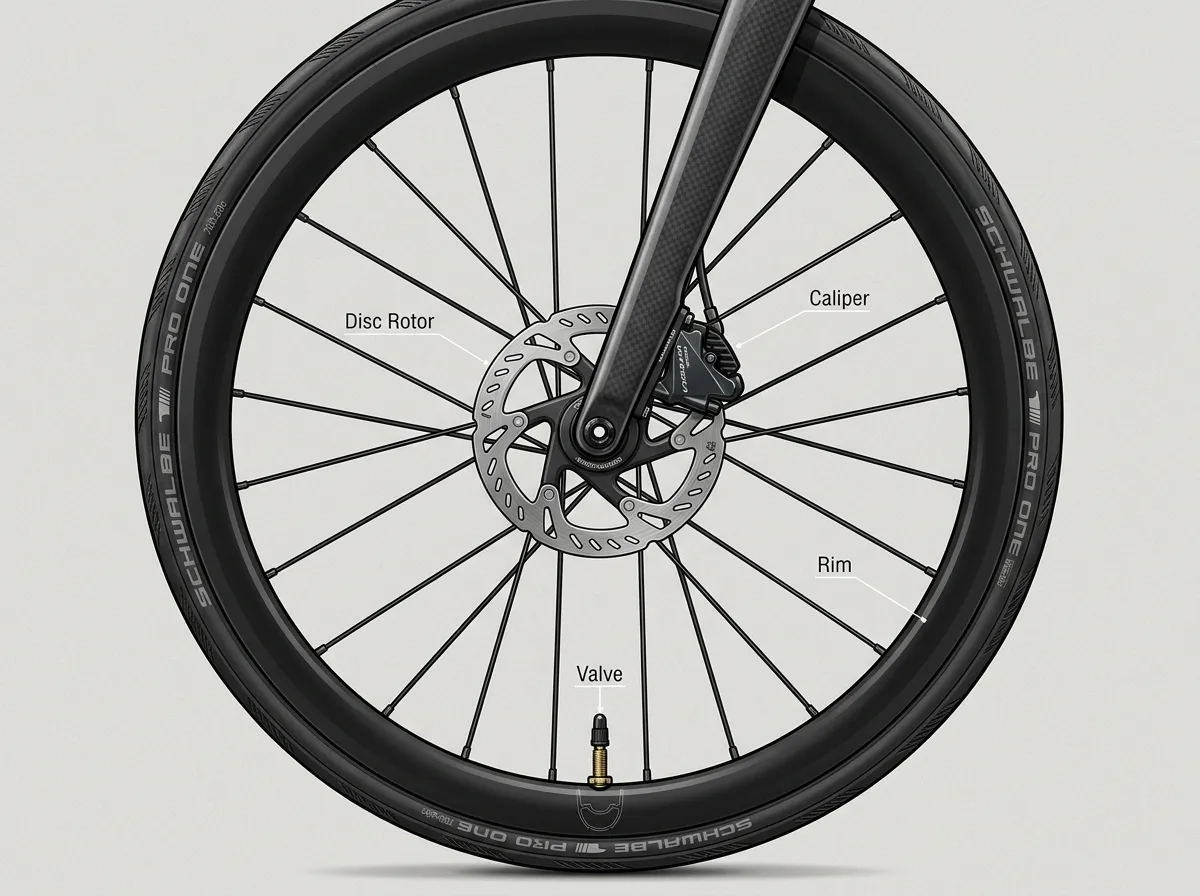 Close-up technical diagram of a road bike wheel and disc brake showing Disc Rotor, Caliper, Rim, and Valve