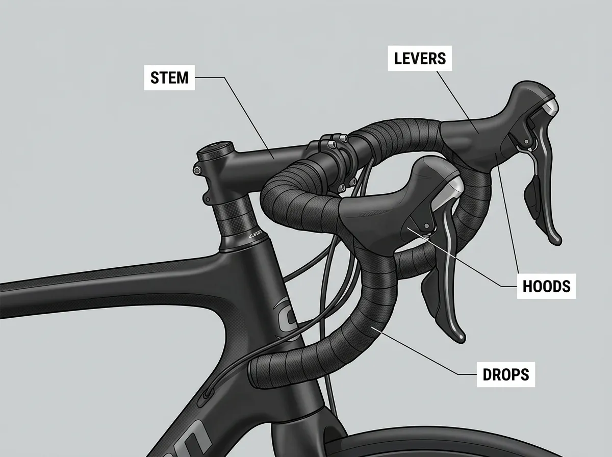 Close-up technical diagram of a road bike cockpit showing callouts for Stem, Hoods, Drops, and Shift Levers