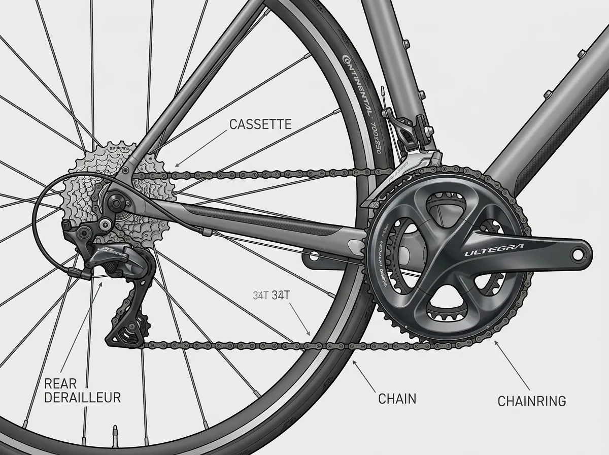 Close-up technical diagram of a road bike drivetrain showing Rear Derailleur, Cassette, Chain, and Chainrings