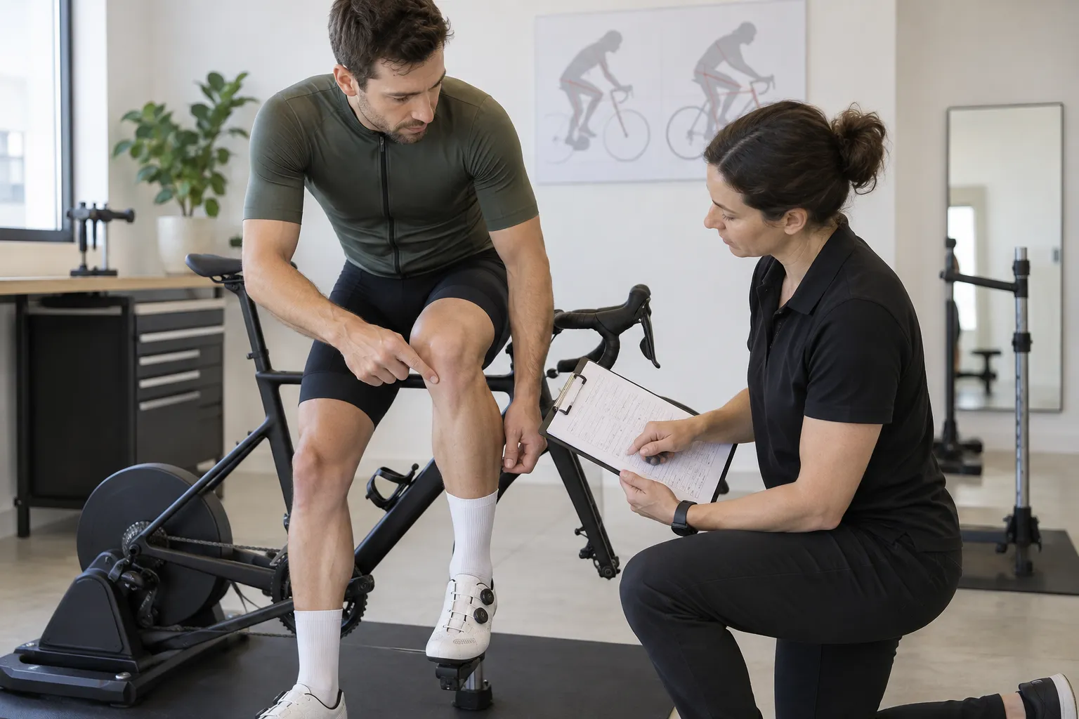 A cyclist and bike fitter reviewing recorded adjustments after the rider reports new knee discomfort