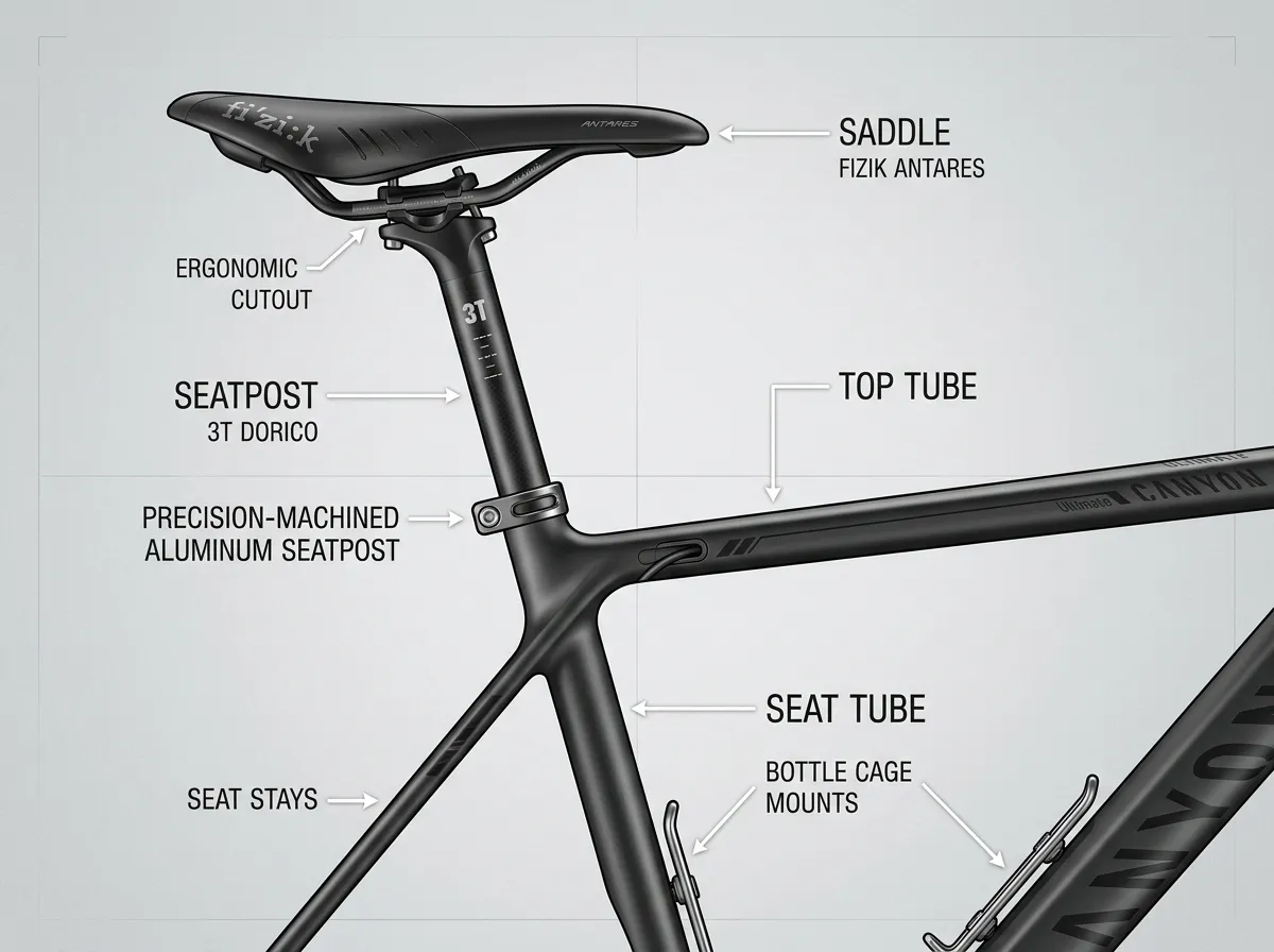 Close-up technical diagram of a road bike saddle, seatpost clamp, top tube, and seat tube