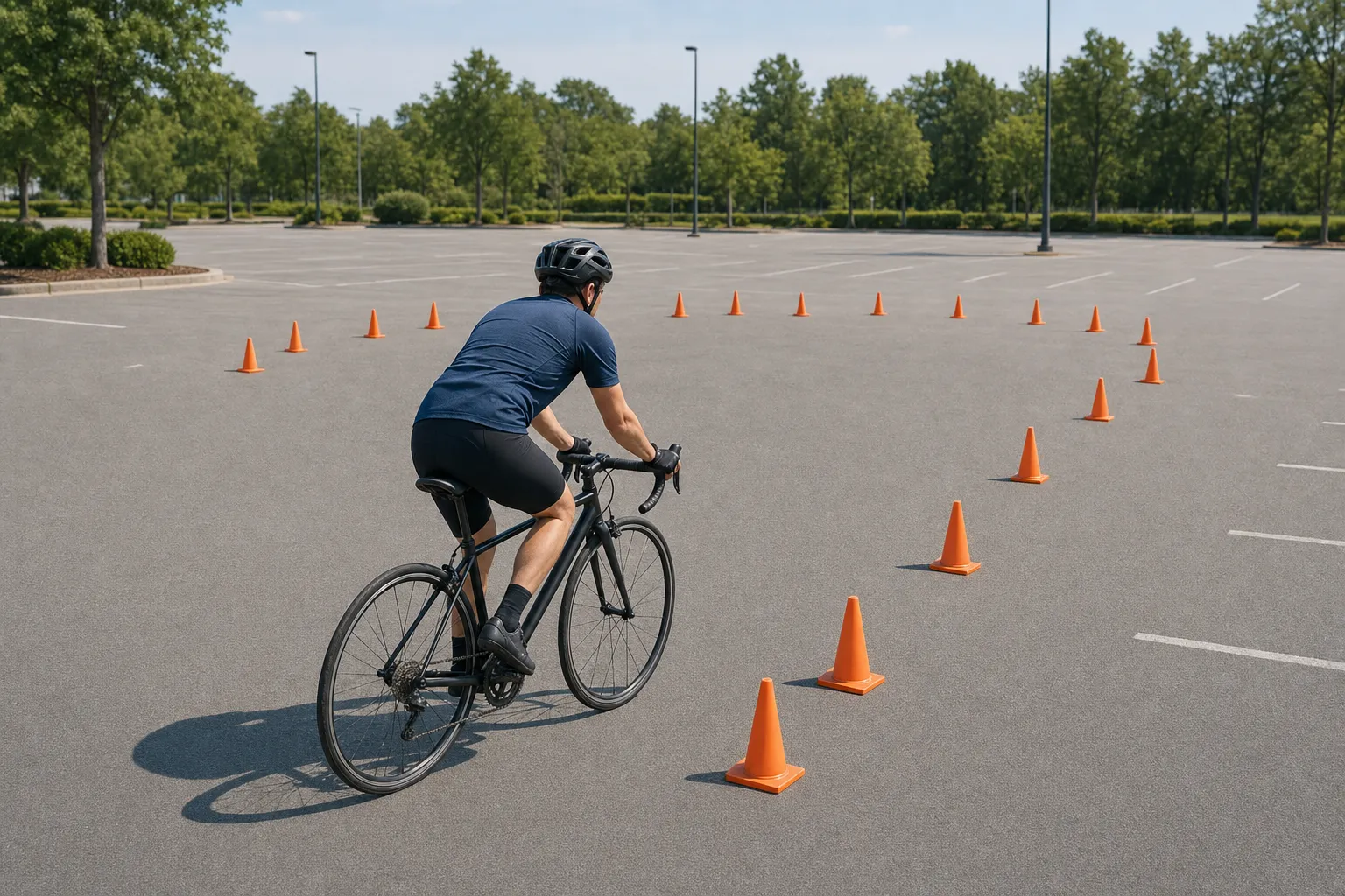 A helmeted beginner road cyclist practises slow braking and wide turns around plain orange cones in an empty parking lot
