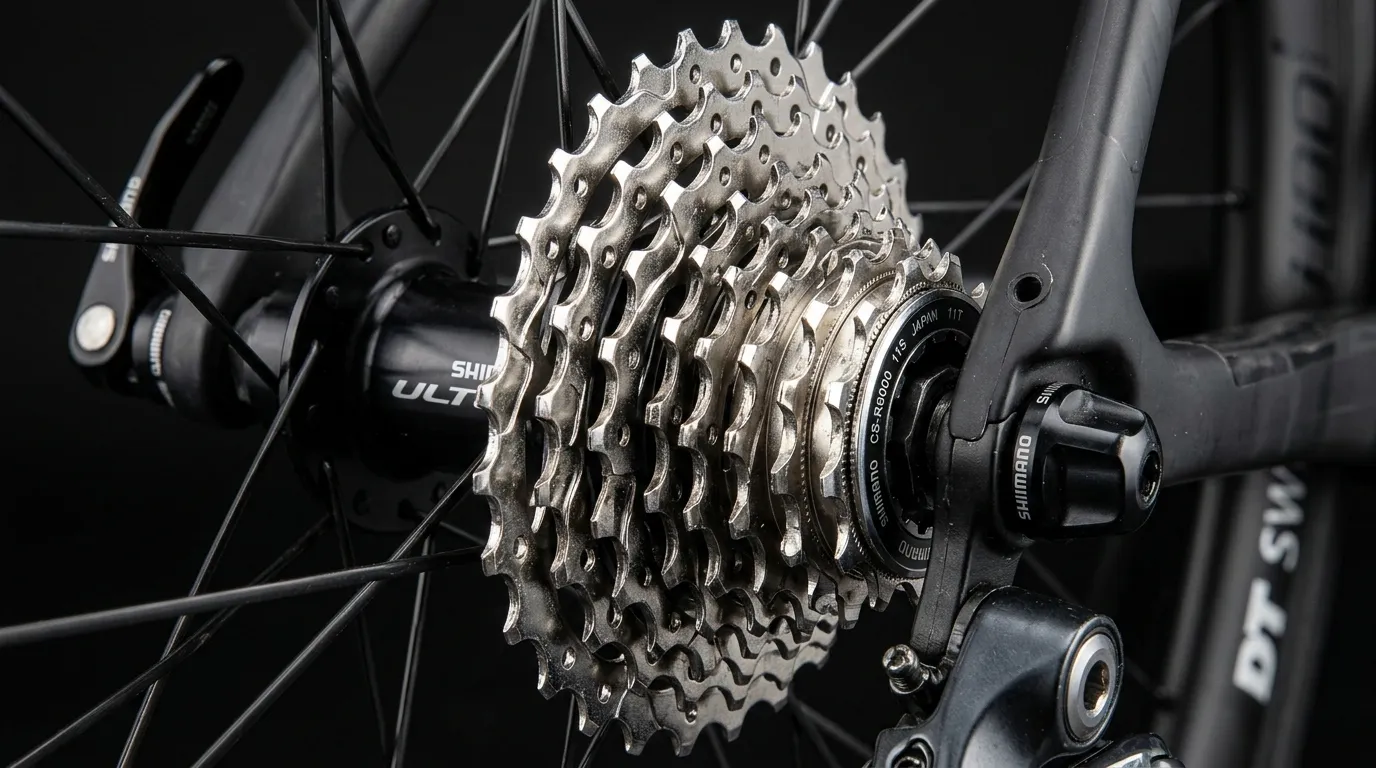 Close-up detail of road bike cassette sprocket teeth and spacing