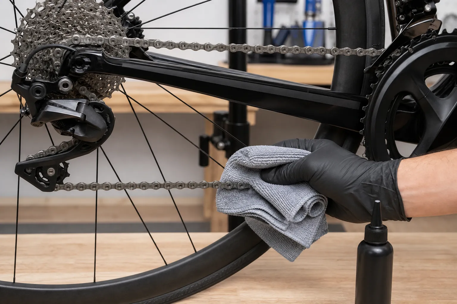 A gloved hand holds a clean rag around the lower run of a stationary clean road bike chain while an unbranded lube bottle waits nearby