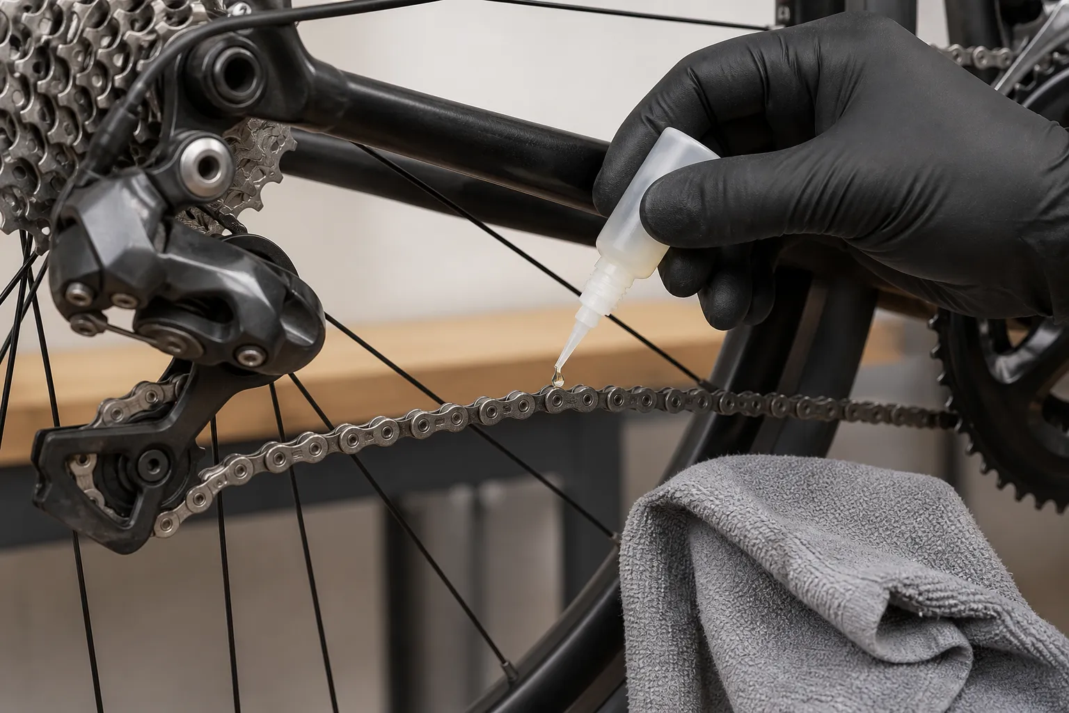A gloved hand places one small drop of chain lubricant onto a roller of a clean stationary road bike chain with a clean rag nearby