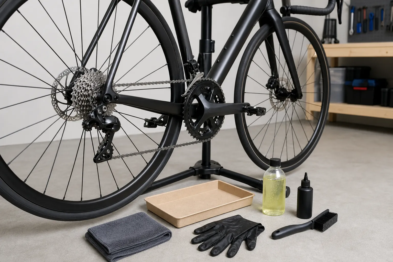 An unbranded road bike in a work stand with the drivetrain visible beside a rag, gloves, brush, catch tray, degreaser, and chain lubricant