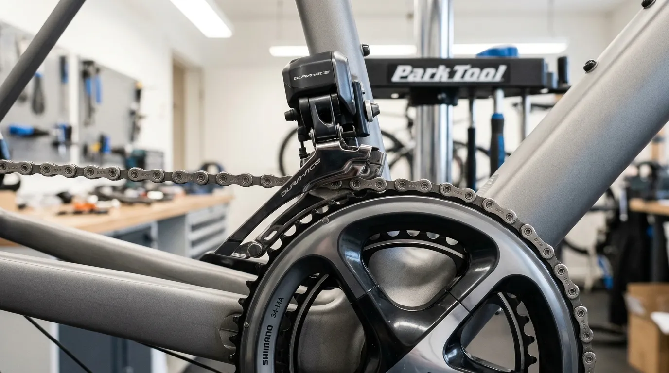 Close-up view of a road bike front derailleur showing the Low and High limit adjustment screws beside the inner chainring