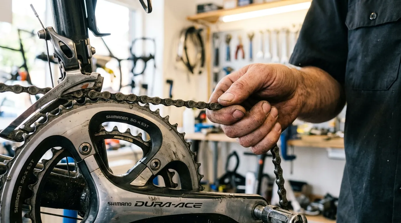 Fingers pulling a road bike chain outward from the 3 o'clock position on the large front chainring to test for slack and tooth gap