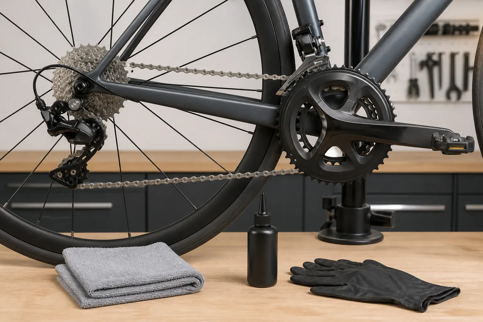 A clean unbranded road bike drivetrain in a stand with a folded rag, gloves, and a small drip bottle of bike chain lubricant ready on the bench