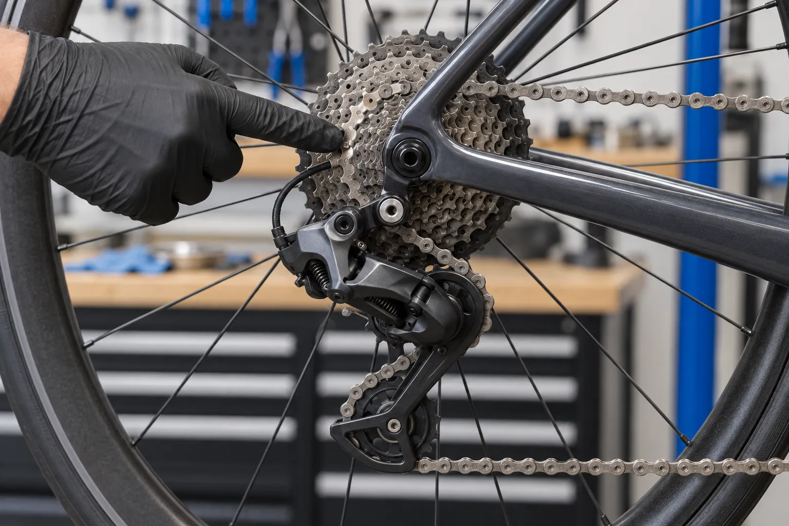 A gloved mechanic inspecting the chain engagement on one middle sprocket of a road bike cassette and rear derailleur