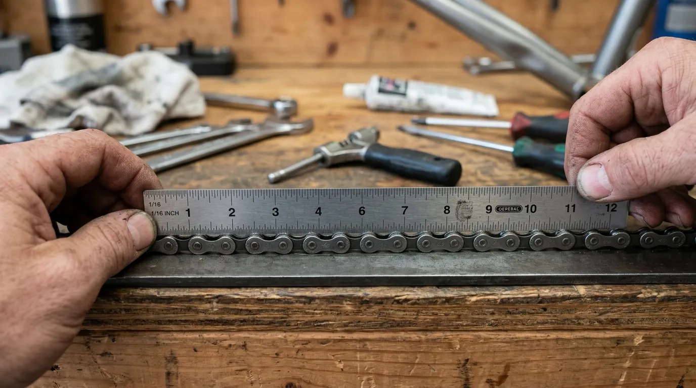A 12-inch ruler aligned along the top span of a clean road bike chain to measure pin-to-pin distance and check for chain stretch