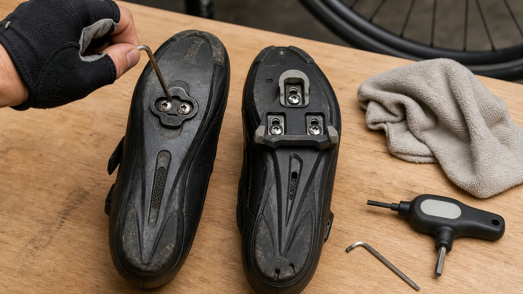 Two cycling shoes placed sole-up on a workbench while a gloved hand checks clipless cleat bolts with a hex key beside a rag and torque key
