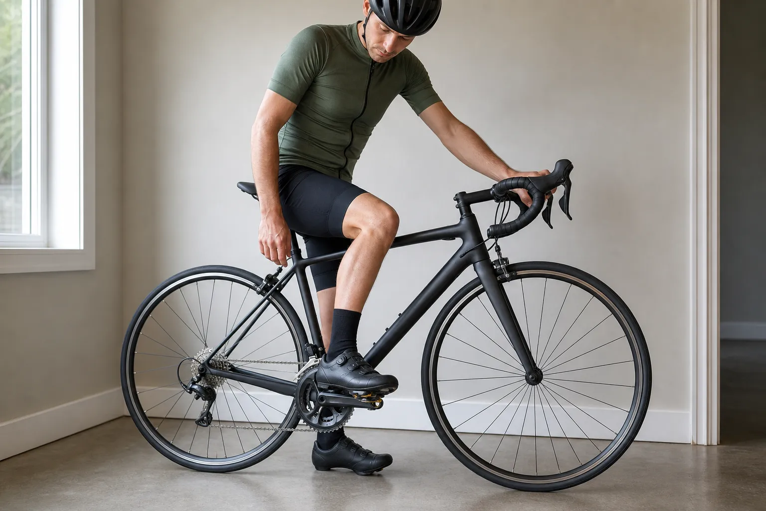 A helmeted rider on a stationary unbranded road bike practises releasing one cleated shoe while one foot is on the ground and one hand steadies the bike indoors