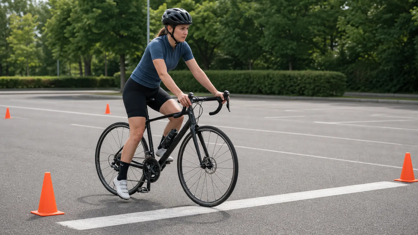 A helmeted beginner road cyclist rides slowly through an empty practice area with one shoe unclipped before a stop line and cones