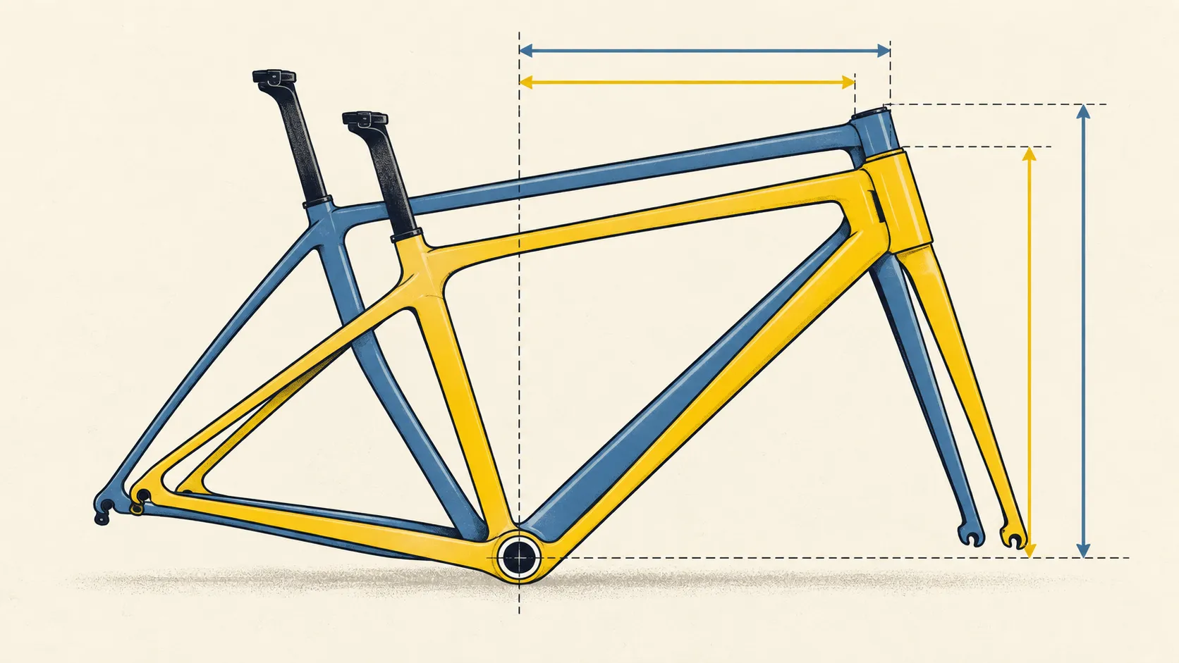 Two road-bike frames overlaid at the bottom bracket with vertical stack and horizontal reach arrows showing different head-tube positions