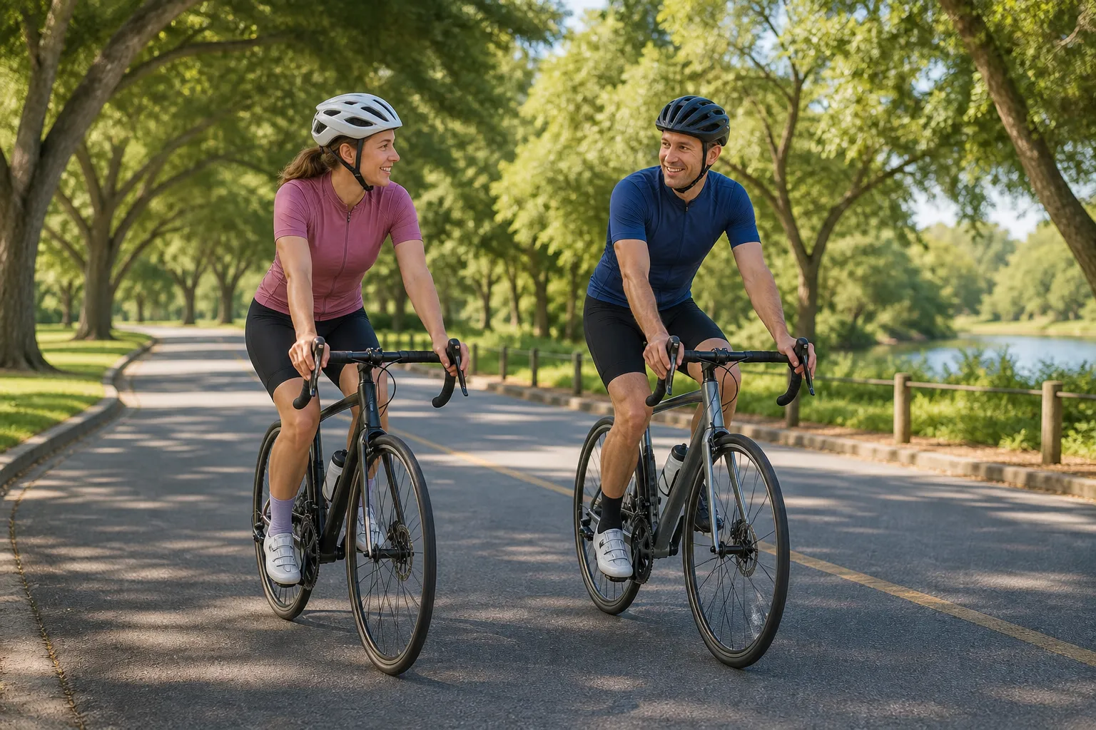 Two helmeted beginner road cyclists ride relaxed side by side on a quiet park road, showing a conversational effort rather than a race pace