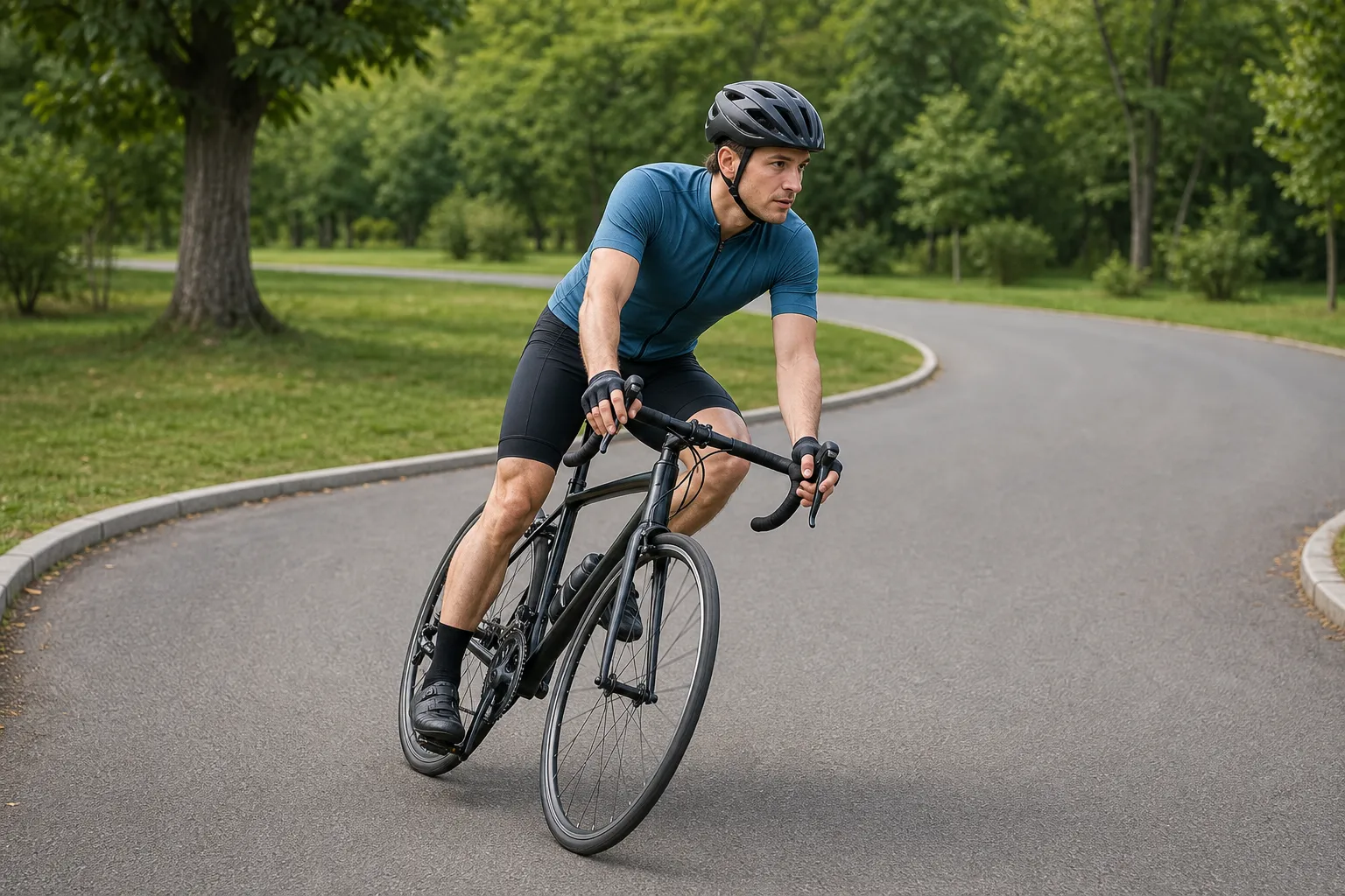 A helmeted road cyclist rounds a gentle dry corner with the inside pedal raised, outside pedal down, relaxed elbows, and eyes looking toward the exit