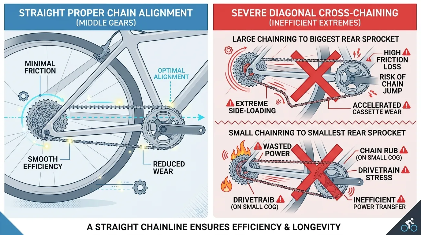 Diagram comparing straight proper chain line with severe diagonal cross-chaining extremes (Small-to-Small and Big-to-Big)