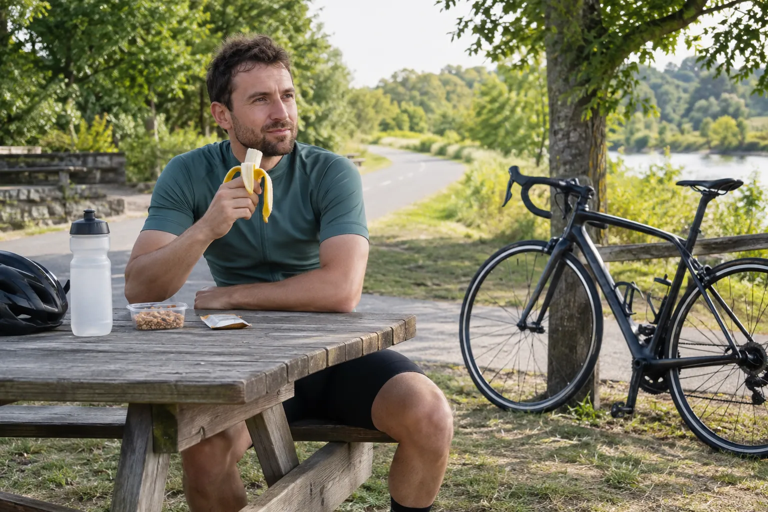 A road cyclist sits safely at a picnic table eating a banana with water and another snack available while the bike is parked