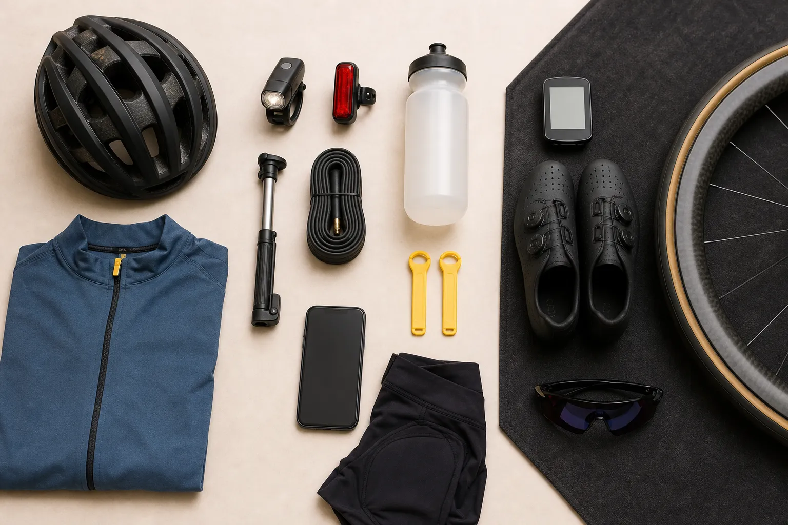 Beginner cycling essentials arranged beside optional shoes, computer, glasses, and a performance wheel