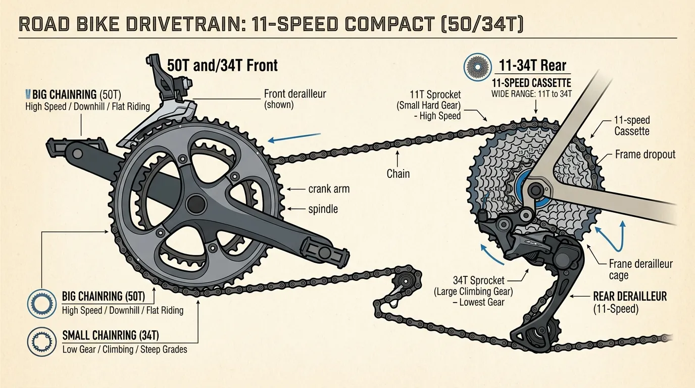 Detailed breakdown of a modern 2x11 compact road bike drivetrain showing 50/34T front chainrings and 11-34T rear cassette