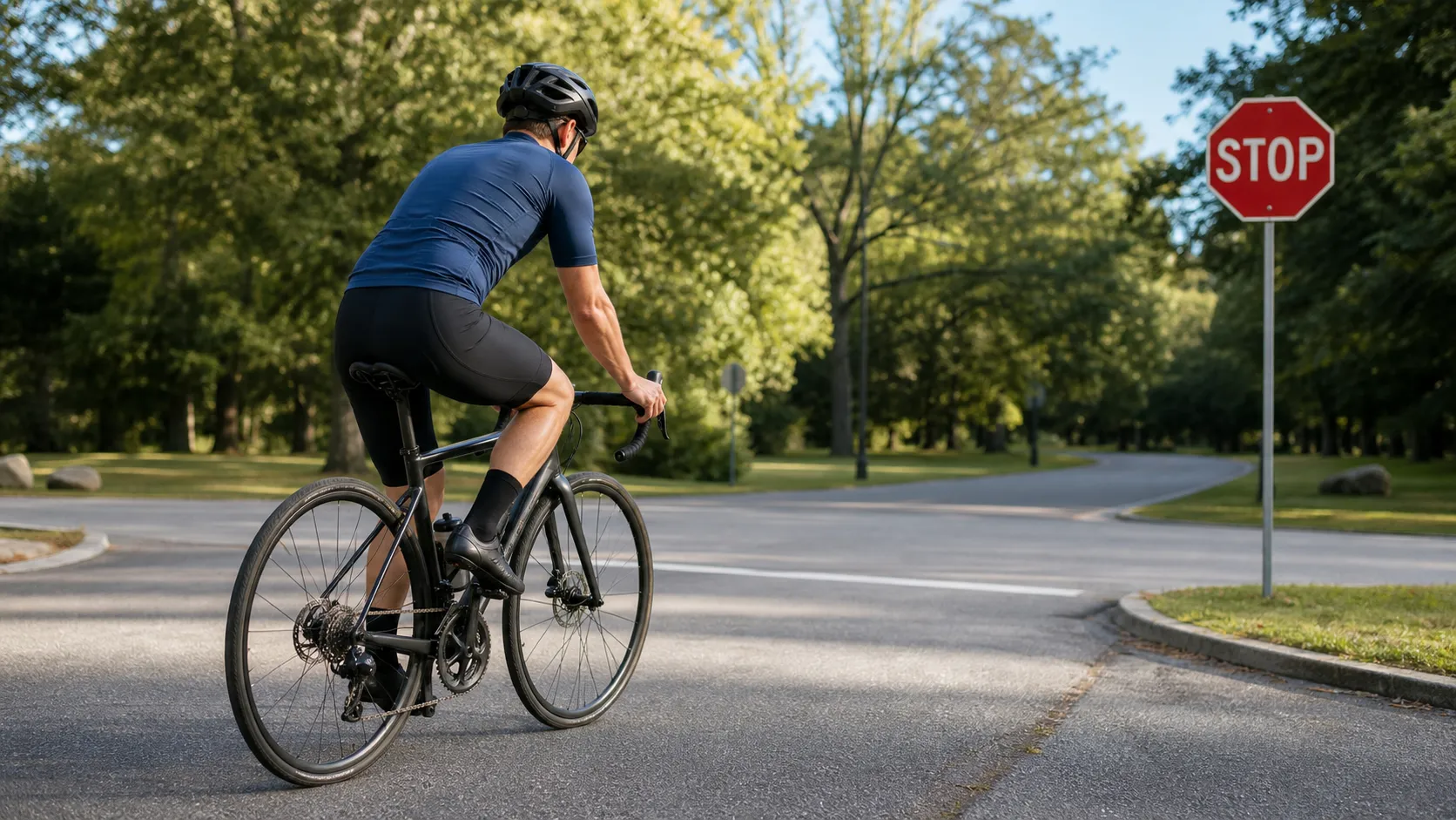 A road cyclist approaching a stop sign after selecting an easier gear for the restart