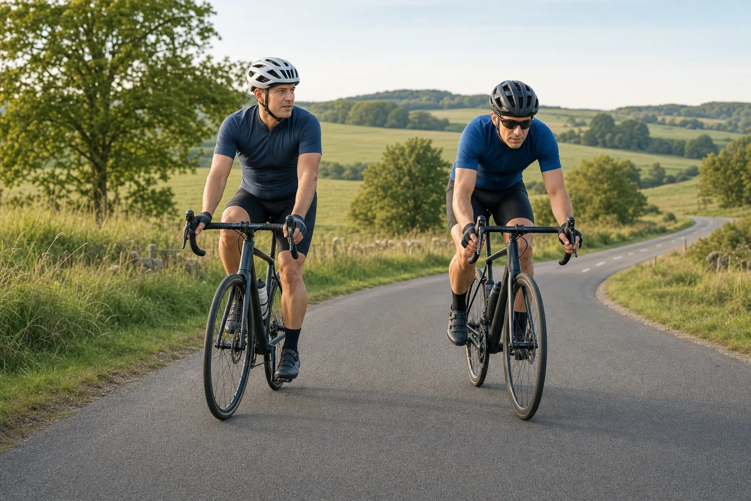 Two recreational cyclists riding road bikes in relaxed and lower positions on a quiet country road