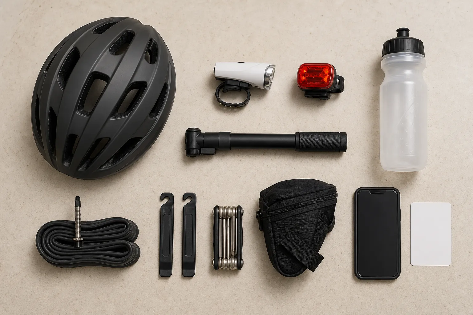 An overhead starter kit with a bicycle helmet, white front light, red rear light, bottle, hand pump, Presta-valve inner tube, two tyre levers, folding multi-tool, saddle bag, phone, and emergency card